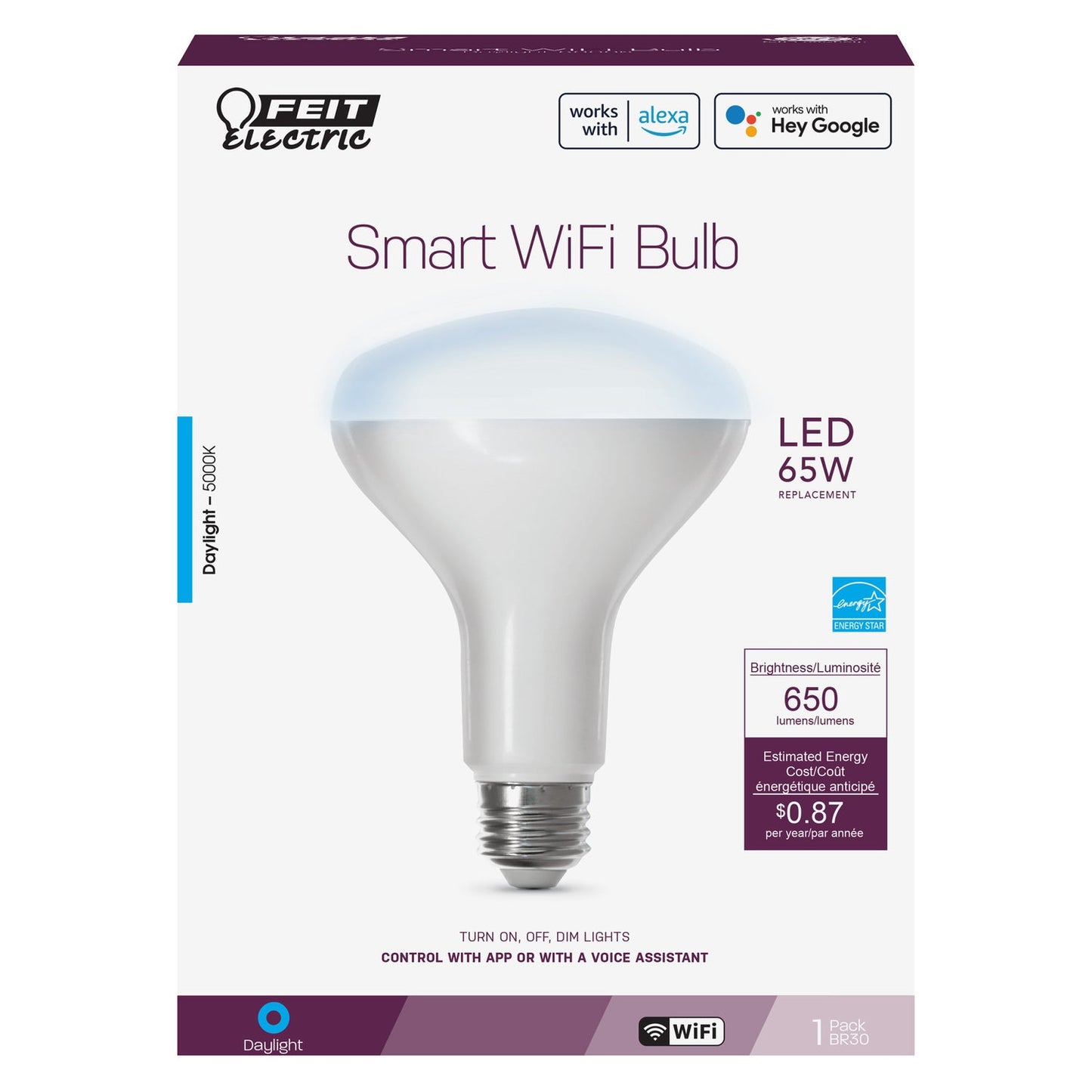 Feit Electric BR30/950CA/AG 7.2W (65W Replacement) Daylight (5000K) 26 Base BR30 Alexa Google Smart Bulb