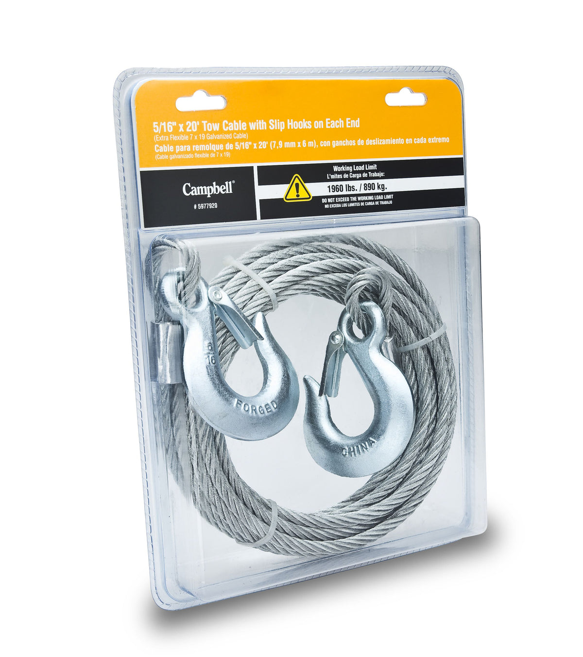 Campbell 5977920 5/16" X 20' Tow Cable, Galvanized, with Slip Hooks on Each End, 1 per Plastic Clamshell