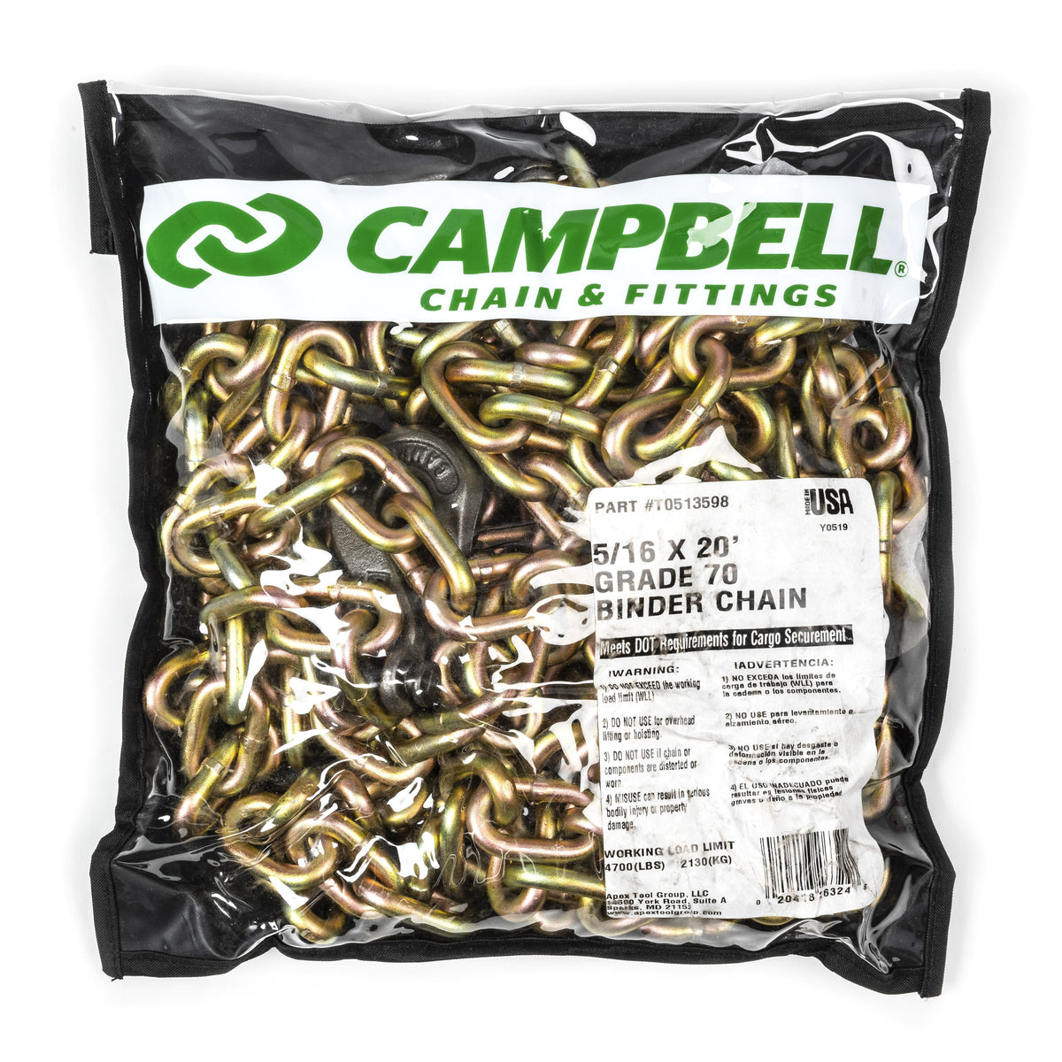 Campbell T0513598 5/16" x 20' Grade 70 Binder Chain w/Clevis Grab Hooks, 1 per Bag