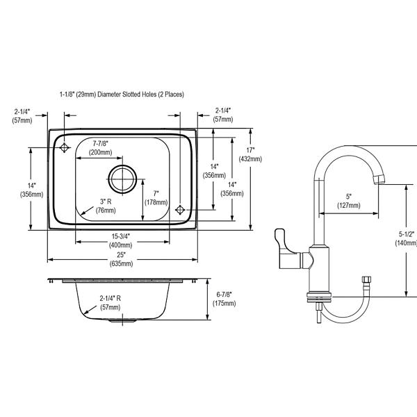 Elkay CDKRC2517C Celebrity® Stainless Steel 25" x 17" x 6-7/8" 2-Hole Single Bowl Drop-in Classroom Sink and 8-5/8" Faucet / Bubbler Kit