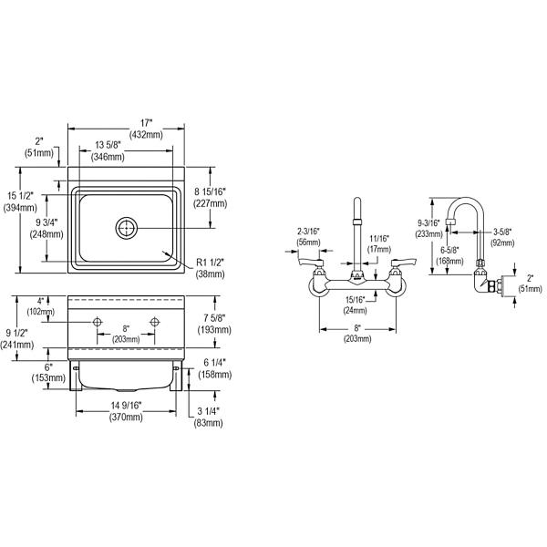 Elkay CHS1716C Stainless Steel 16-3/4" x 15-1/2" x 13" Single Bowl Wall Hung Handwash Sink Kit