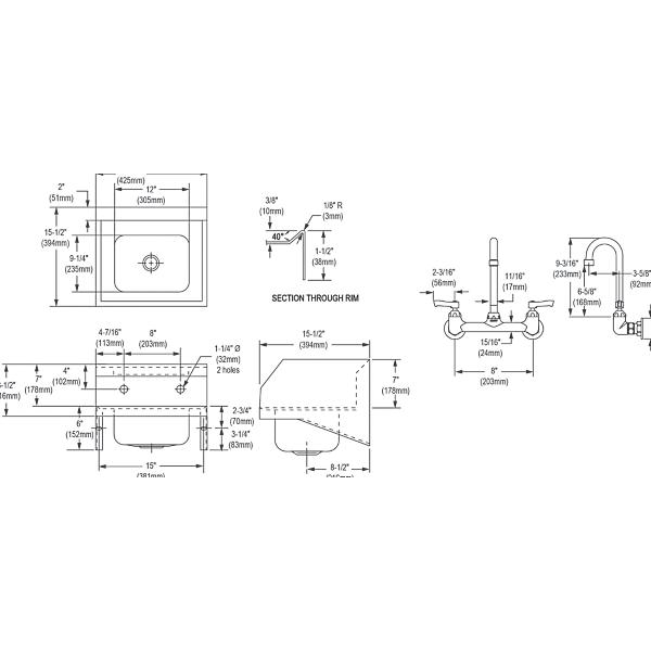 Elkay CHS1716LRSC Stainless Steel 16-3/4" x 15-1/2" x 13" Single Bowl Wall Hung Handwash Sink Kit