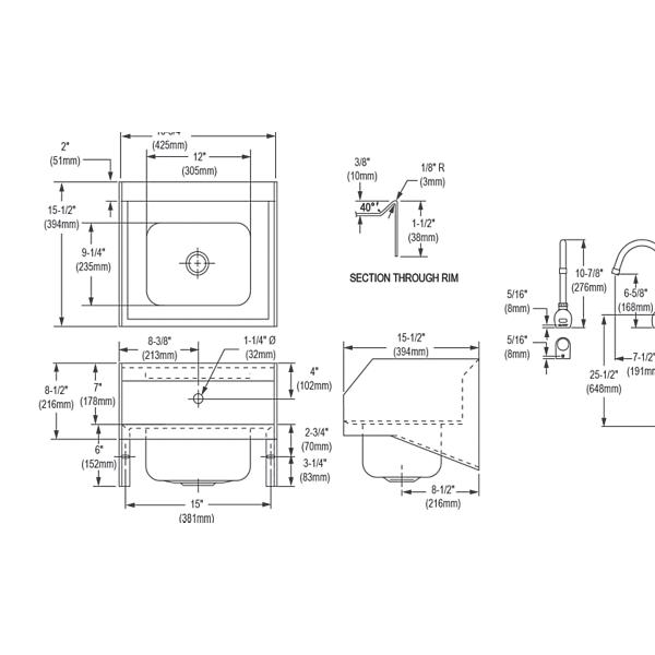 Elkay CHS1716LRSSACTMC Stainless Steel 16-3/4" x 15-1/2" x 13" Single Bowl Wall Hung Handwash Sink Kit