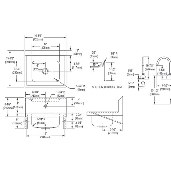 Elkay CHS1716SACC Stainless Steel 16-3/4" x 15-1/2" x 13" Single Bowl Wall Hung Handwash Sink Kit