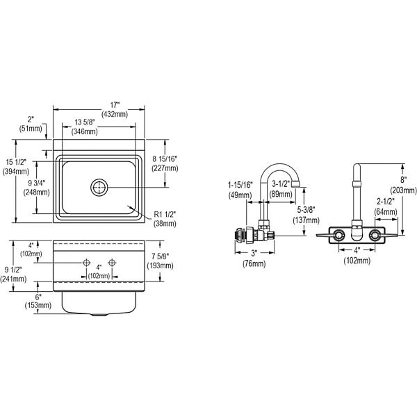 Elkay CHSB1716C Stainless Steel 16-3/4" x 15-1/2" x 13" Single Bowl Wall Hung Handwash Sink Kit