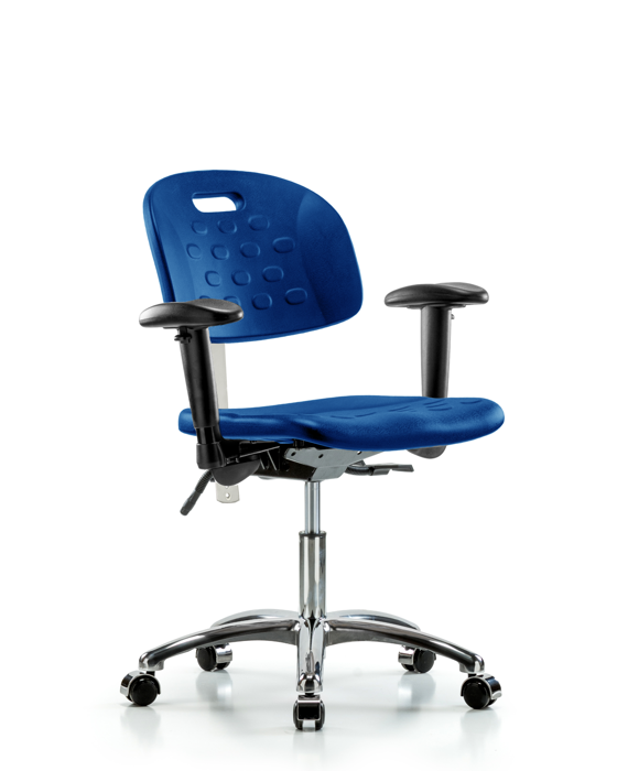 Blue Ridge Ergonomics CLR-HPDHCH-CR-T0-A1-CC-BLU Class 100 Newport Industrial Polyurethane Clean Room Chair - Desk Height with Adjustable Arms & Casters in Blue Polyurethane