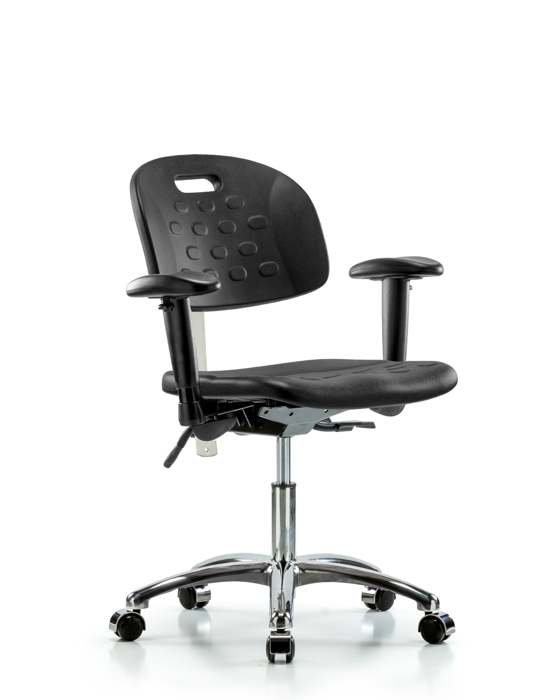 Blue Ridge Ergonomics CLR-HPDHCH-CR-T1-A1-CC-BLK Class 100 Newport Industrial Polyurethane Clean Room Chair - Desk Height with Seat Tilt, Adjustable Arms, & Casters in Black Polyurethane