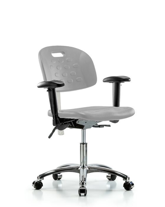 Blue Ridge Ergonomics CLR-HPDHCH-CR-T1-A1-CC-GRY Class 100 Newport Industrial Polyurethane Clean Room Chair - Desk Height with Seat Tilt, Adjustable Arms, & Casters in Gray Polyurethane