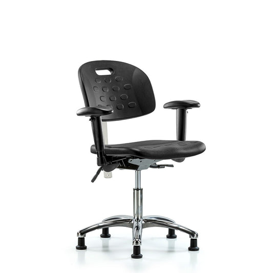 Blue Ridge Ergonomics CLR-HPDHCH-CR-T1-A1-RG-BLK Class 100 Newport Industrial Polyurethane Clean Room Chair - Desk Height with Seat Tilt, Adjustable Arms, & Stationary Glides in Black Polyurethane