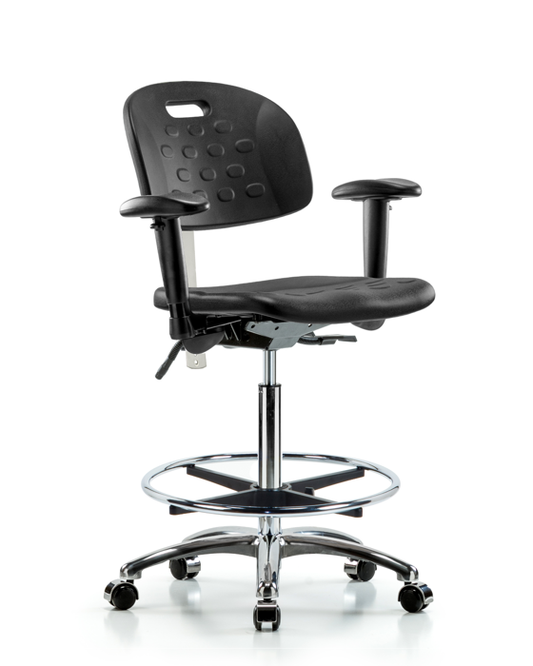 Blue Ridge Ergonomics CLR-HPHBCH-CR-T0-A1-CF-CC-BLK Class 100 Newport Industrial Polyurethane Clean Room Chair - High Bench Height with Adjustable Arms, Chrome Foot Ring, & Casters in Black Polyurethane