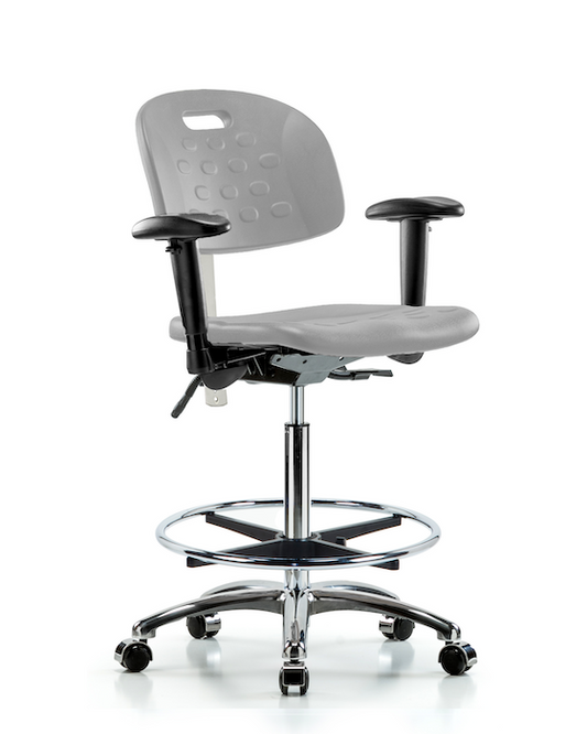 Blue Ridge Ergonomics CLR-HPHBCH-CR-T0-A1-CF-CC-GRY Class 100 Newport Industrial Polyurethane Clean Room Chair - High Bench Height with Adjustable Arms, Chrome Foot Ring, & Casters in Gray Polyurethane