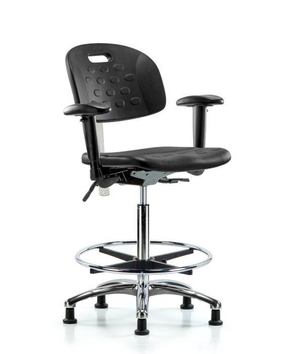 Blue Ridge Ergonomics CLR-HPHBCH-CR-T0-A1-CF-RG-BLK Class 100 Newport Industrial Polyurethane Clean Room Chair - High Bench Height with Adjustable Arms, Chrome Foot Ring, & Stationary Glides in Black Polyurethane
