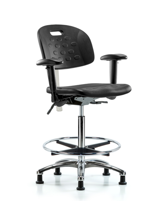 Blue Ridge Ergonomics CLR-HPHBCH-CR-T0-A1-CF-RG-BLK Class 100 Newport Industrial Polyurethane Clean Room Chair - High Bench Height with Adjustable Arms, Chrome Foot Ring, & Stationary Glides in Black Polyurethane