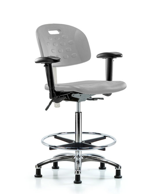 Blue Ridge Ergonomics CLR-HPHBCH-CR-T0-A1-CF-RG-GRY Class 100 Newport Industrial Polyurethane Clean Room Chair - High Bench Height with Adjustable Arms, Chrome Foot Ring, & Stationary Glides in Gray Polyurethane