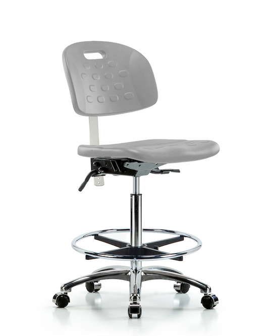 Blue Ridge Ergonomics CLR-HPHBCH-CR-T1-A0-CF-CC-GRY Class 100 Newport Industrial Polyurethane Clean Room Chair - High Bench Height with Seat Tilt, Chrome Foot Ring, & Casters in Gray Polyurethane