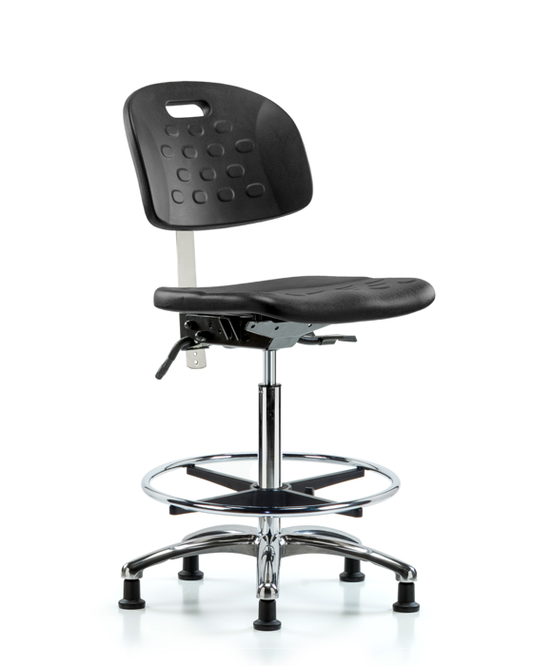 Blue Ridge Ergonomics CLR-HPHBCH-CR-T1-A0-CF-RG-BLK Class 100 Newport Industrial Polyurethane Clean Room Chair - High Bench Height with Seat Tilt, Chrome Foot Ring, & Stationary Glides in Black Polyurethane