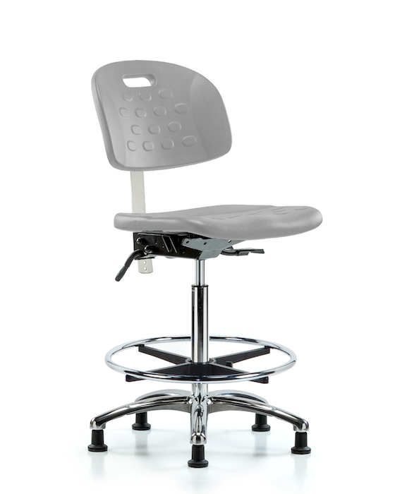 Blue Ridge Ergonomics CLR-HPHBCH-CR-T1-A0-CF-RG-GRY Class 100 Newport Industrial Polyurethane Clean Room Chair - High Bench Height with Seat Tilt, Chrome Foot Ring, & Stationary Glides in Gray Polyurethane