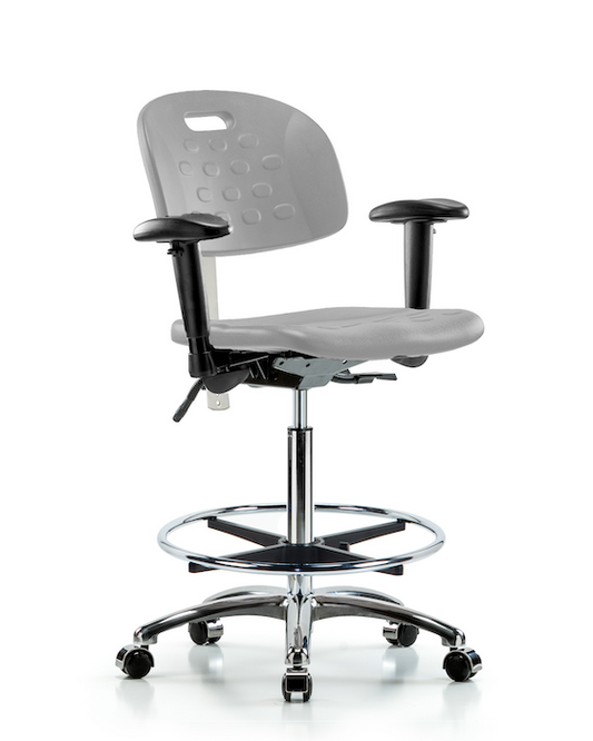 Blue Ridge Ergonomics CLR-HPHBCH-CR-T1-A1-CF-CC-GRY Class 100 Newport Industrial Polyurethane Clean Room Chair - High Bench Height with Seat Tilt, Adjustable Arms, Chrome Foot Ring, & Casters in Gray Polyurethane