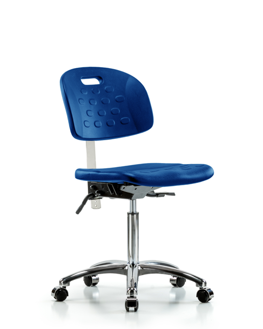 Blue Ridge Ergonomics CLR-HPMBCH-CR-T0-A0-NF-CC-BLU Class 10 Newport Industrial Polyurethane Clean Room Chair - Medium Bench Height with Casters in Blue Polyurethane