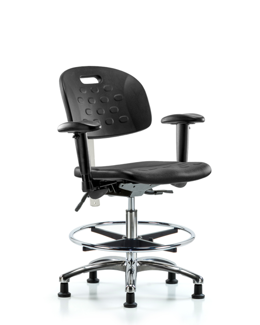 Blue Ridge Ergonomics CLR-HPMBCH-CR-T0-A1-CF-RG-BLK Class 100 Newport Ind Polyurethane Clean Room Chair - Medium Bench Height with Adjustable Arms, Chrome Foot Ring, & Stationary Glides in Black Polyurethane