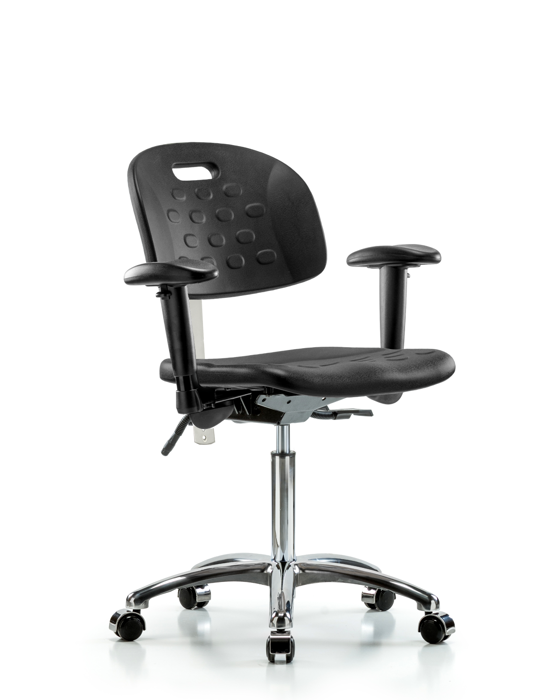 Blue Ridge Ergonomics CLR-HPMBCH-CR-T0-A1-NF-CC-BLK Class 100 Newport Industrial Polyurethane Clean Room Chair - Medium Bench Height with Adjustable Arms & Casters in Black Polyurethane