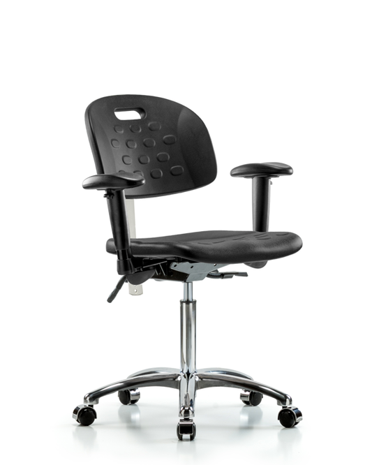 Blue Ridge Ergonomics CLR-HPMBCH-CR-T0-A1-NF-CC-BLK Class 100 Newport Industrial Polyurethane Clean Room Chair - Medium Bench Height with Adjustable Arms & Casters in Black Polyurethane