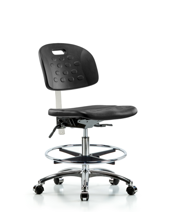Blue Ridge Ergonomics CLR-HPMBCH-CR-T1-A0-CF-CC-BLK Class 100 Newport Industrial Polyurethane Clean Room Chair - Medium Bench Height with Seat Tilt, Chrome Foot Ring, & Casters in Black Polyurethane
