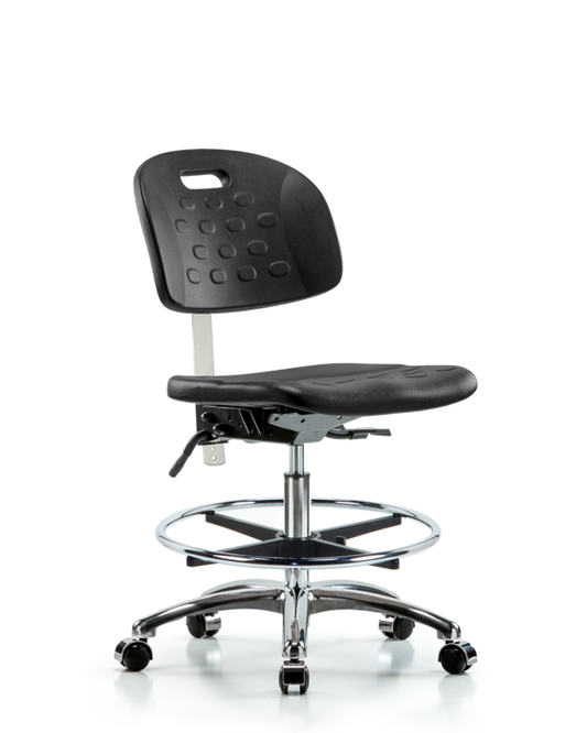 Blue Ridge Ergonomics CLR-HPMBCH-CR-T1-A0-CF-CC-BLK Class 100 Newport Industrial Polyurethane Clean Room Chair - Medium Bench Height with Seat Tilt, Chrome Foot Ring, & Casters in Black Polyurethane