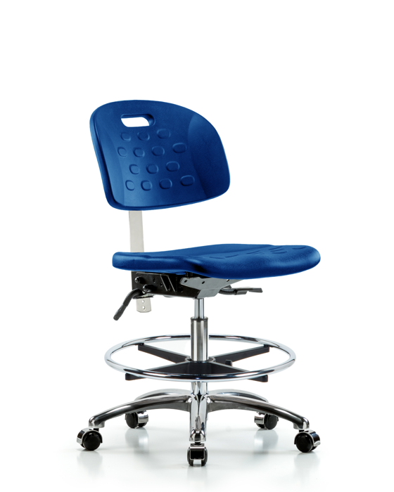 Blue Ridge Ergonomics CLR-HPMBCH-CR-T1-A0-CF-CC-BLU Class 100 Newport Industrial Polyurethane Clean Room Chair - Medium Bench Height with Seat Tilt, Chrome Foot Ring, & Casters in Blue Polyurethane