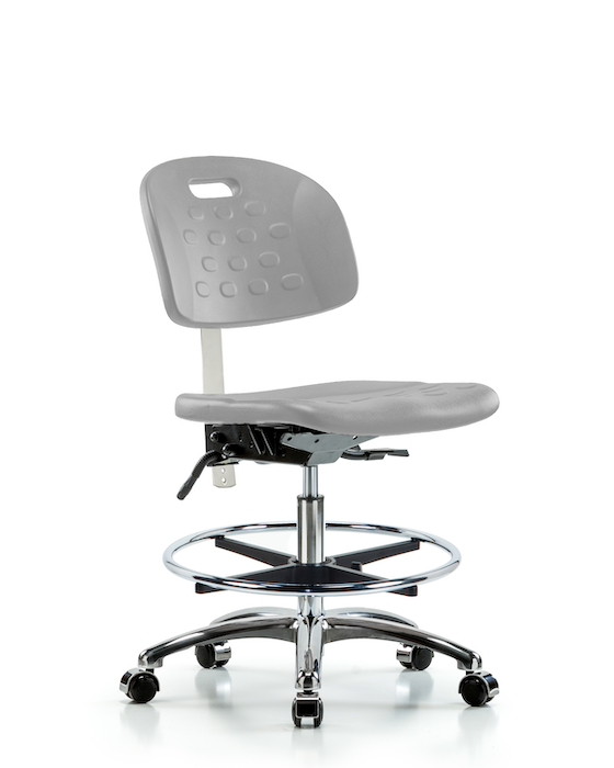 Blue Ridge Ergonomics CLR-HPMBCH-CR-T1-A0-CF-CC-GRY Class 100 Newport Industrial Polyurethane Clean Room Chair - Medium Bench Height with Seat Tilt, Chrome Foot Ring, & Casters in Gray Polyurethane