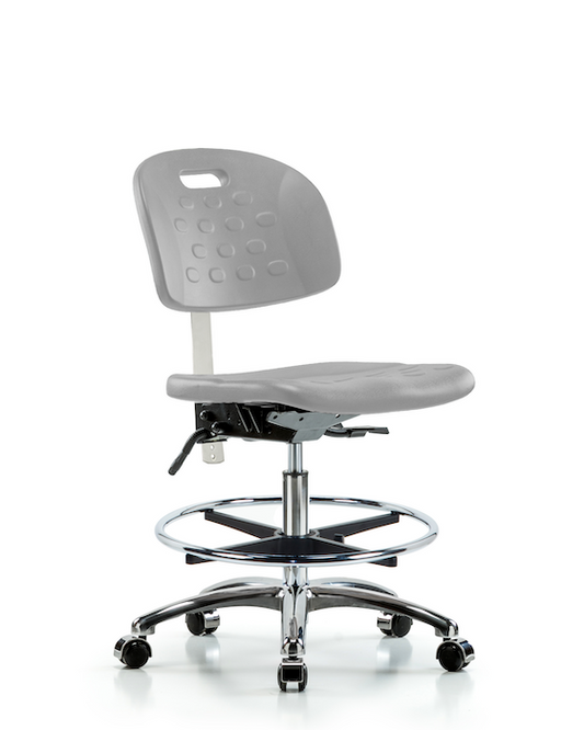 Blue Ridge Ergonomics CLR-HPMBCH-CR-T1-A0-CF-CC-GRY Class 100 Newport Industrial Polyurethane Clean Room Chair - Medium Bench Height with Seat Tilt, Chrome Foot Ring, & Casters in Gray Polyurethane