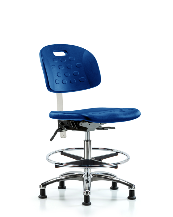 Blue Ridge Ergonomics CLR-HPMBCH-CR-T1-A0-CF-RG-BLU Class 100 Newport Industrial Polyurethane Clean Room Chair - Medium Bench Height with Seat Tilt, Chrome Foot Ring, & Stationary Glides in Blue Polyurethane