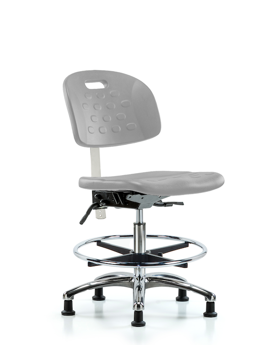 Blue Ridge Ergonomics CLR-HPMBCH-CR-T1-A0-CF-RG-GRY Class 100 Newport Industrial Polyurethane Clean Room Chair - Medium Bench Height with Seat Tilt, Chrome Foot Ring, & Stationary Glides in Gray Polyurethane