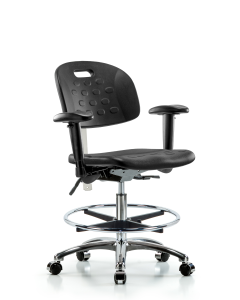 Blue Ridge Ergonomics PMBCH-CR-T1-A1-CF-CC-BLK Polyurethane Chair Chrome - Medium Bench Height with Seat Tilt, Adjustable Arms, Chrome Foot Ring, & Casters in Black Polyurethane