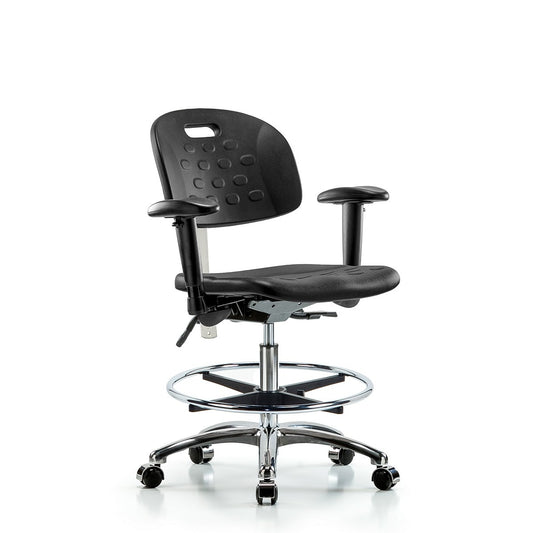 Blue Ridge Ergonomics CLR-HPMBCH-CR-T1-A1-CF-CC-BLK Class 100 Newport Ind Polyurethane Clean Room Chair - Medium Bench Height with Seat Tilt, Adjustable Arms, Chrome Foot Ring, & Casters in Black Polyurethane