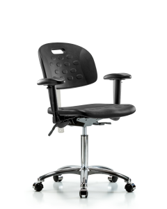 Blue Ridge Ergonomics CLR-HPMBCH-CR-T1-A1-NF-CC-BLK Class 100 Newport Industrial Polyurethane Clean Room Chair - Medium Bench Height with Seat Tilt, Adjustable Arms, & Casters in Black Polyurethane