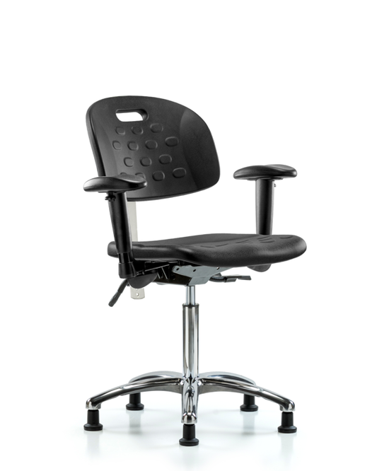 Blue Ridge Ergonomics CLR-HPMBCH-CR-T1-A1-NF-RG-BLK Class 100 Newport Industrial Polyurethane Clean Room Chair - Medium Bench Height with Seat Tilt, Adjustable Arms, & Stationary Glides in Black Polyurethane