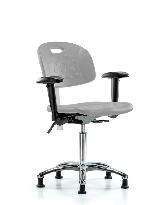 Blue Ridge Ergonomics CLR-HPMBCH-CR-T1-A1-NF-RG-GRY Class 100 Newport Industrial Polyurethane Clean Room Chair - Medium Bench Height with Seat Tilt, Adjustable Arms, & Stationary Glides in Gray Polyurethane