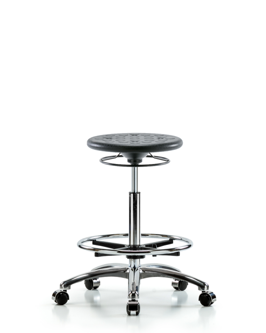 Blue Ridge Ergonomics CLR-IPHBSO-CR-CF-CC-BLK Class 10 Huron Polyurethane Clean Room Stool - High Bench Height with Chrome Foot Ring and Casters in Black Polyurethane