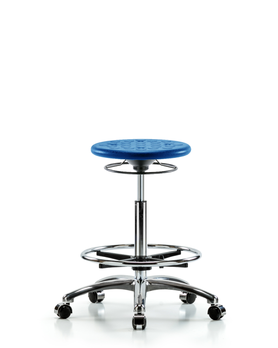 Blue Ridge Ergonomics CLR-IPHBSO-CR-CF-CC-BLU Class 10 Huron Polyurethane Clean Room Stool - High Bench Height with Chrome Foot Ring & Casters in Blue Polyurethane