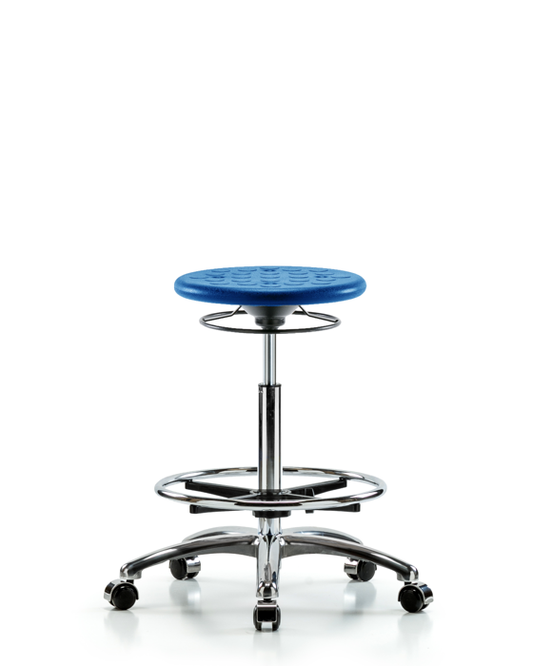 Blue Ridge Ergonomics CLR-IPHBSO-CR-CF-CC-BLU Class 10 Huron Polyurethane Clean Room Stool - High Bench Height with Chrome Foot Ring & Casters in Blue Polyurethane