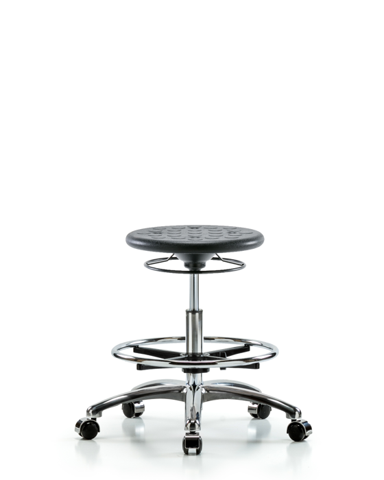 Blue Ridge Ergonomics CLR-IPMBSO-CR-CF-CC-BLK Class 10 Huron Polyurethane Clean Room Stool - Medium Bench Height with Chrome Foot Ring and Casters in Black Polyurethane
