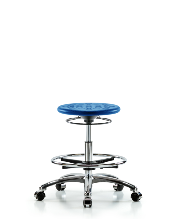 Blue Ridge Ergonomics CLR-IPMBSO-CR-CF-CC-BLU Class 10 Huron Polyurethane Clean Room Stool - Medium Bench Height with Chrome Foot Ring & Casters in Blue Polyurethane