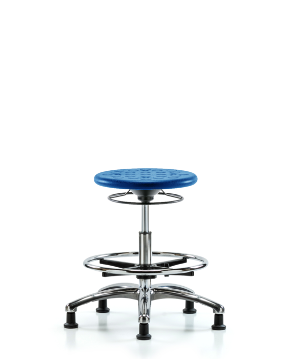Blue Ridge Ergonomics CLR-IPMBSO-CR-CF-RG-BLU Class 10 Huron Polyurethane Clean Room Stool - Medium Bench Height with Chrome Foot Ring & Stationary Glides in Blue Polyurethane