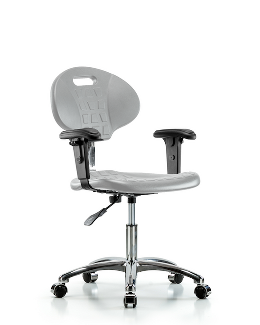 Blue Ridge Ergonomics CLR-TPDHCH-CR-A1-CC-GRY Class 100 Erie Polyurethane Clean Room Chair - Desk Height with Adjustable Arms & Casters in Gray Polyurethane