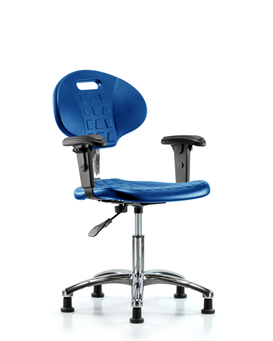 Blue Ridge Ergonomics CLR-TPDHCH-CR-A1-RG-BLU Class 100 Erie Polyurethane Clean Room Chair - Desk Height with Adjustable Arms & Stationary Glides in Blue Polyurethane