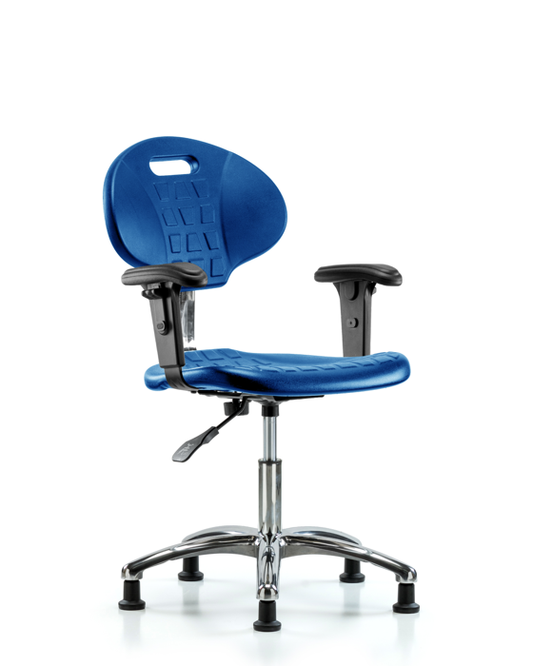 Blue Ridge Ergonomics CLR-TPDHCH-CR-A1-RG-BLU Class 100 Erie Polyurethane Clean Room Chair - Desk Height with Adjustable Arms & Stationary Glides in Blue Polyurethane