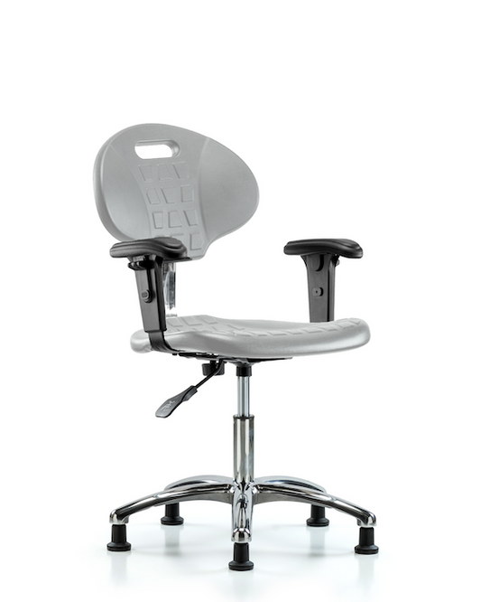 Blue Ridge Ergonomics CLR-TPDHCH-CR-A1-RG-GRY Class 100 Erie Polyurethane Clean Room Chair - Desk Height with Adjustable Arms & Stationary Glides in Gray Polyurethane