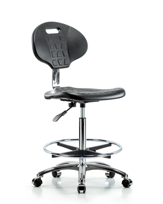 Blue Ridge Ergonomics CLR-TPHBCH-CR-A0-CF-CC-BLK Class 10 Erie Polyurethane Clean Room Chair - High Bench Height with Chrome Foot Ring & Casters in Black Polyurethane