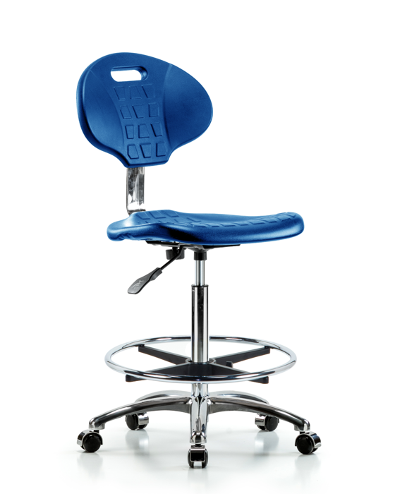 Blue Ridge Ergonomics CLR-TPHBCH-CR-A0-CF-CC-BLU Class 10 Erie Polyurethane Clean Room Chair - High Bench Height with Chrome Foot Ring & Casters in Blue Polyurethane